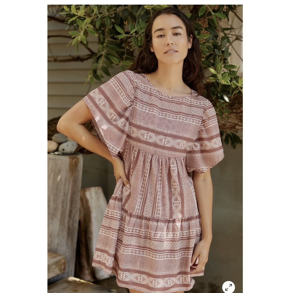 Anthropologie Maeve Boho‎ Tiered Stripe Mini Shift Dress Brown White Women's M
